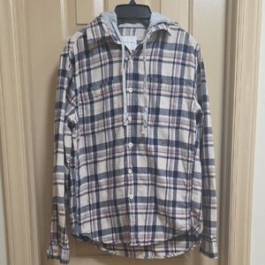 Men's Plaid Hooded Shirt - Blue and Gray